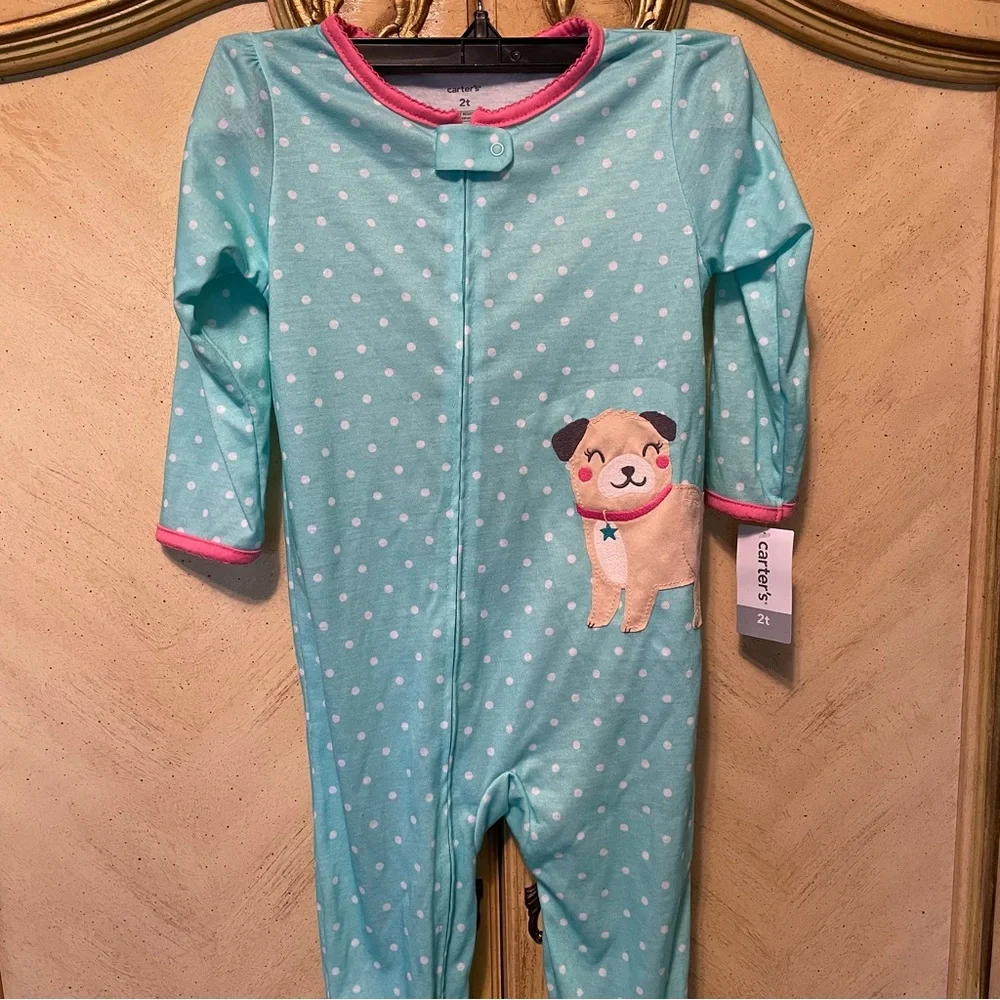 Carters 2T Aqua Blue Pink White Polka Dot One Piece Footed Pajama Pug Puppy NWT